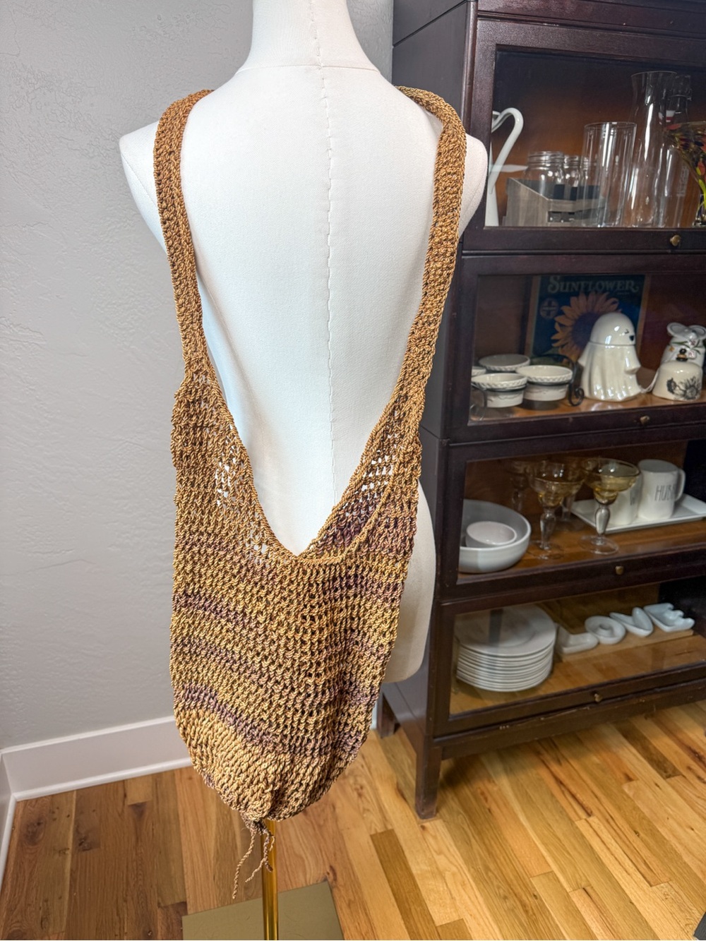 Handmade Crochet Cross Body Brown Boho Hippie Slouchy Market Hobo Bag